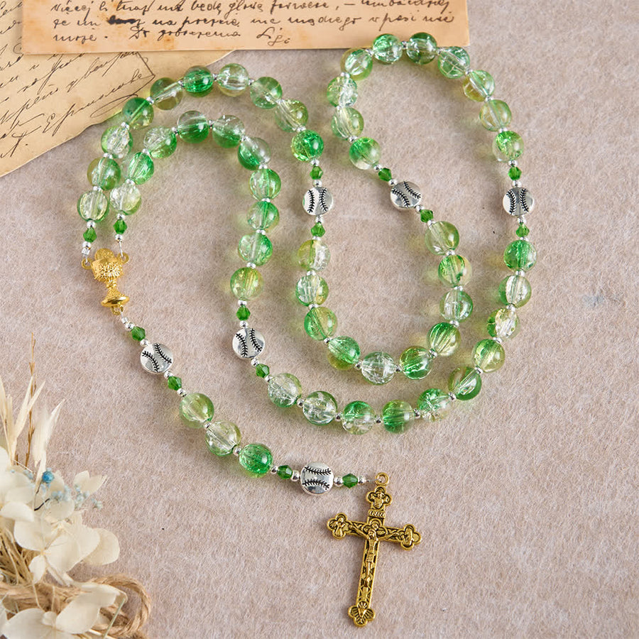 Yellow Green Crackle Glass Rosary: Tennis Ball Beads with Eucharist Medal for Faith in Motion