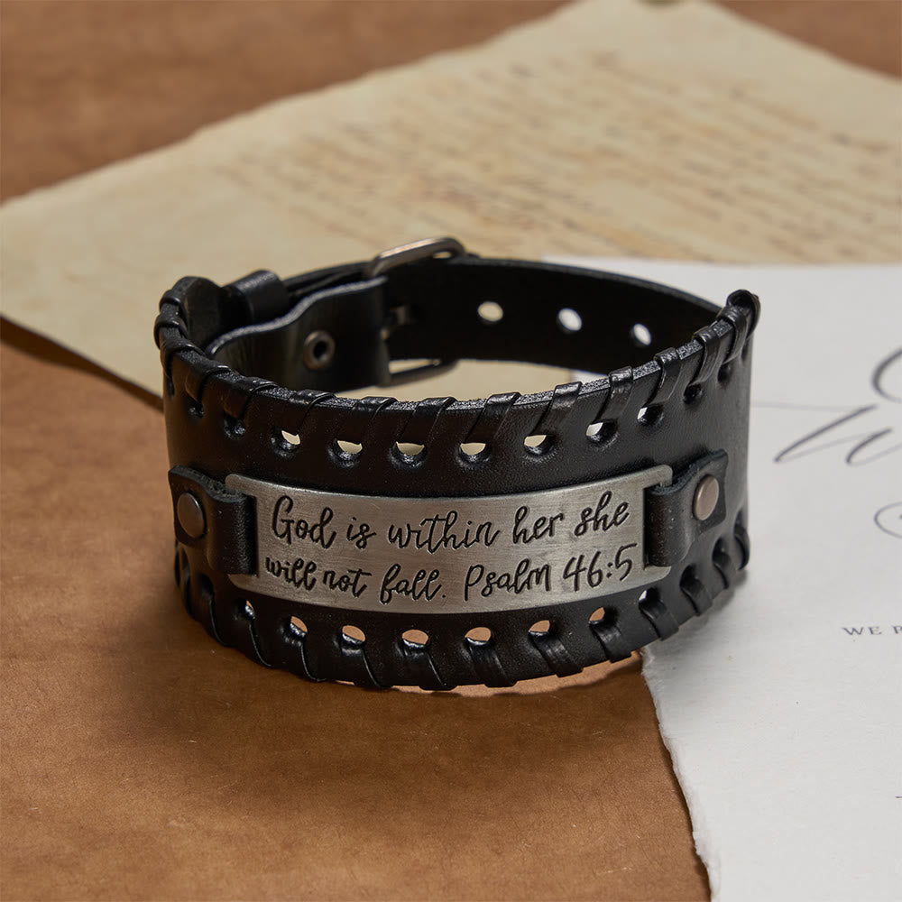 Psalm 46:5 Scripture Engraved Leather Bracelet with Braided Stitching: A Symbol of Divine Strength & Unshakable Faith