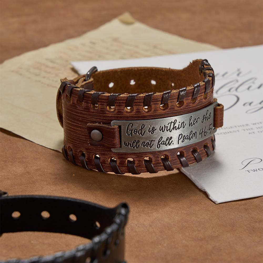 Psalm 46:5 Scripture Engraved Leather Bracelet with Braided Stitching: A Symbol of Divine Strength & Unshakable Faith
