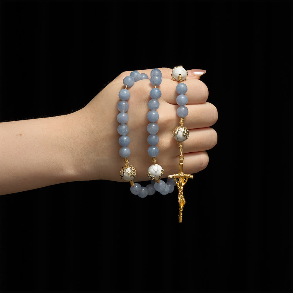 Aquamarine & White Howlite Rosary: Golden Filigree Details with St. Benedict for Serene Faith
