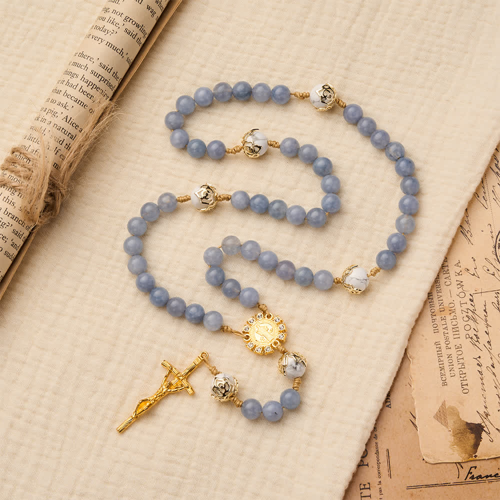 Aquamarine & White Howlite Rosary: Golden Filigree Details with St. Benedict for Serene Faith