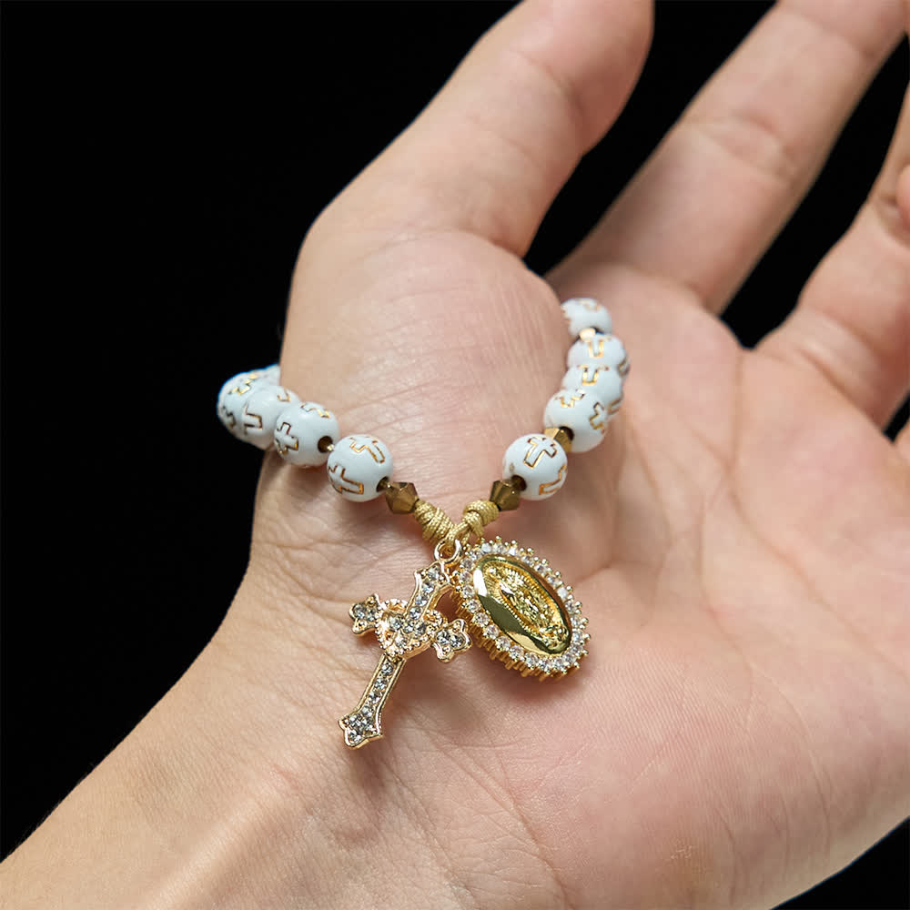 White Cross Bead Pocket Rosary: Sparkling Our Lady Medal for Pure Faith