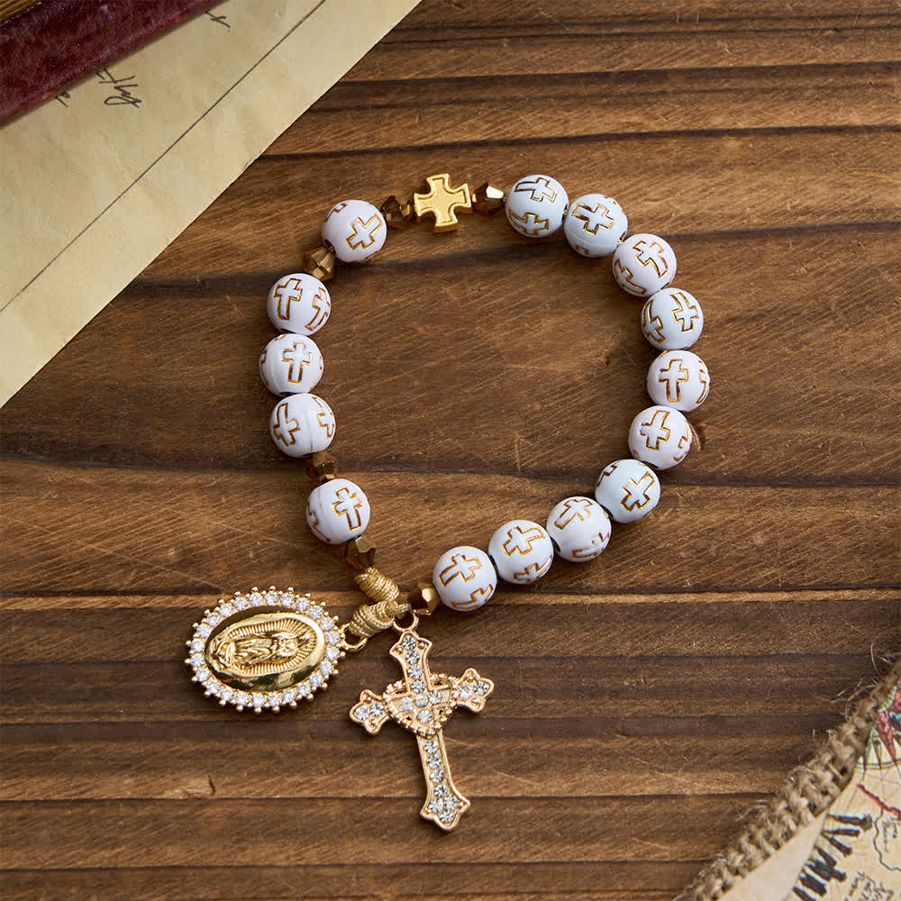 White Cross Bead Pocket Rosary: Sparkling Our Lady Medal for Pure Faith
