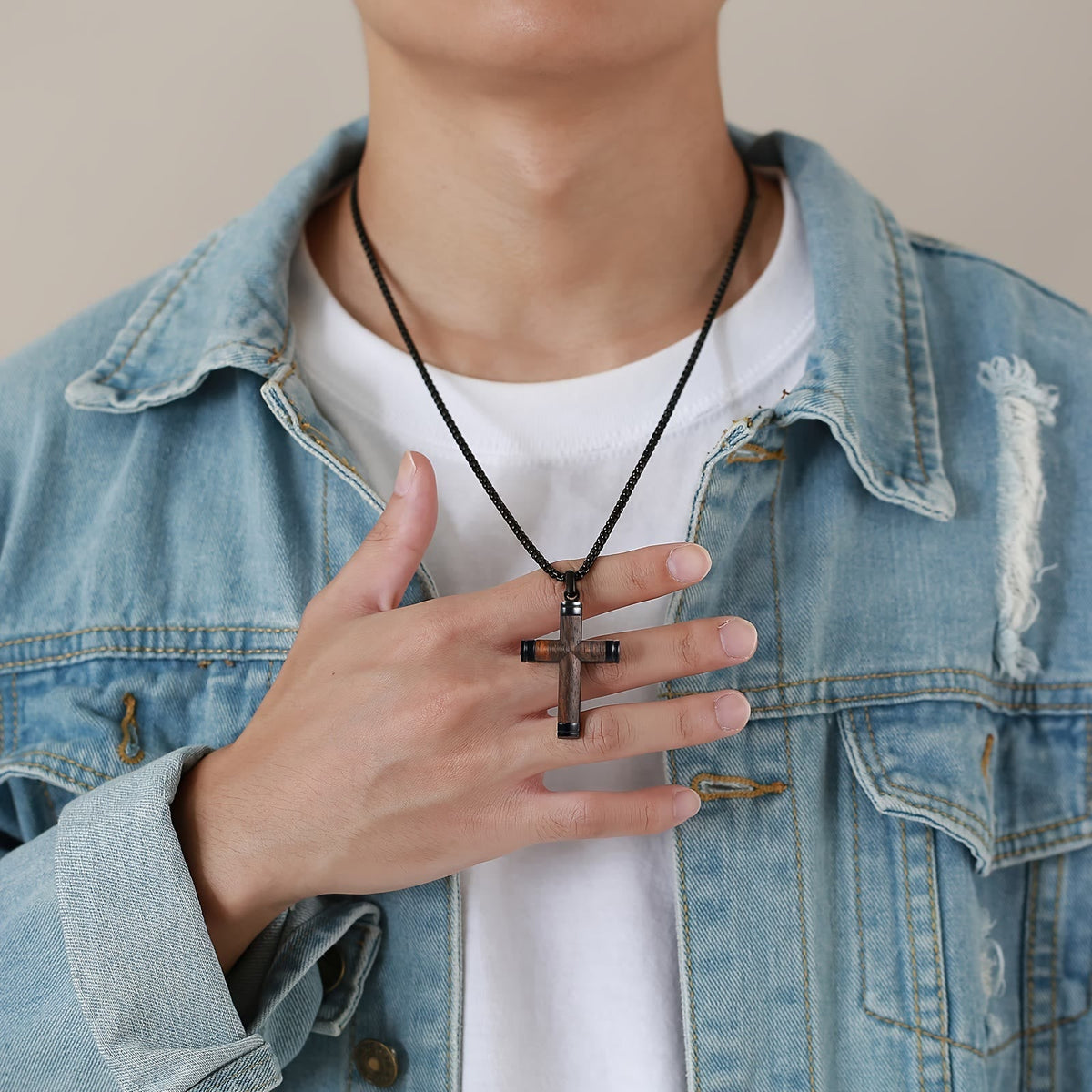 Minimalist Wood Cross Necklace with Sleek Metal Ends: An Emblem of Strength and Devotion