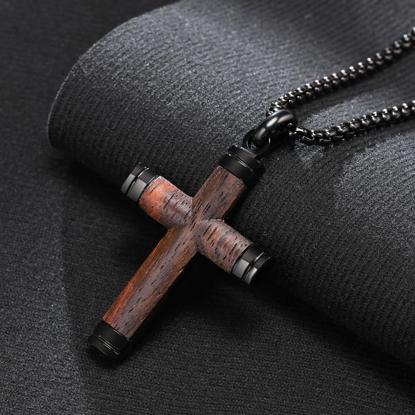 Minimalist Wood Cross Necklace with Sleek Metal Ends: An Emblem of Strength and Devotion