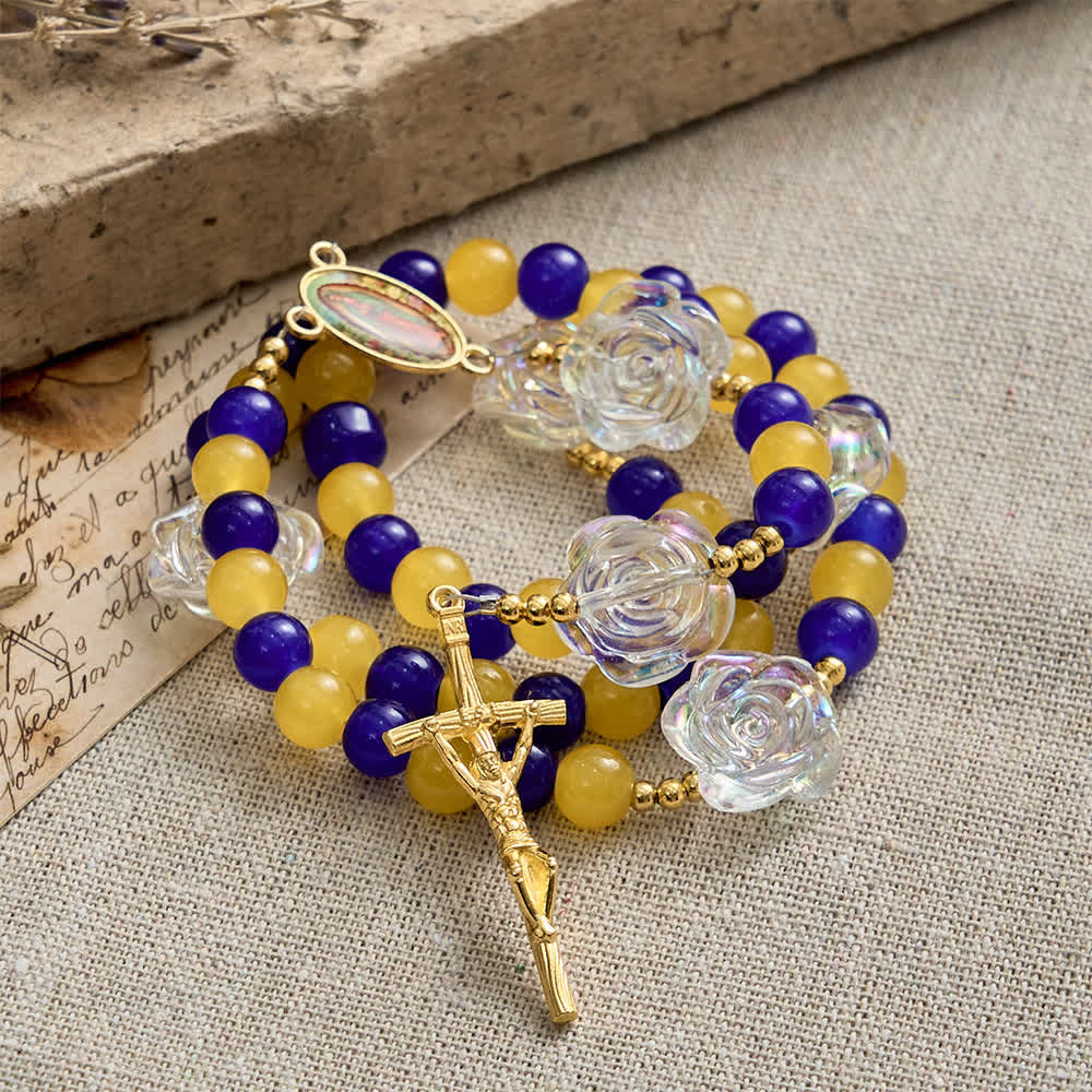 Blue & Yellow Guadalupe Rosary: Iridescent Rose Beads with Golden Crucifix