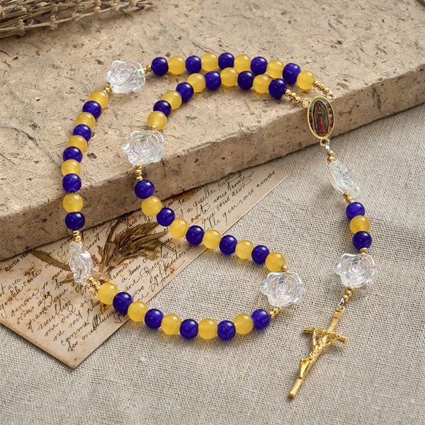 Blue & Yellow Guadalupe Rosary: Iridescent Rose Beads with Golden Crucifix