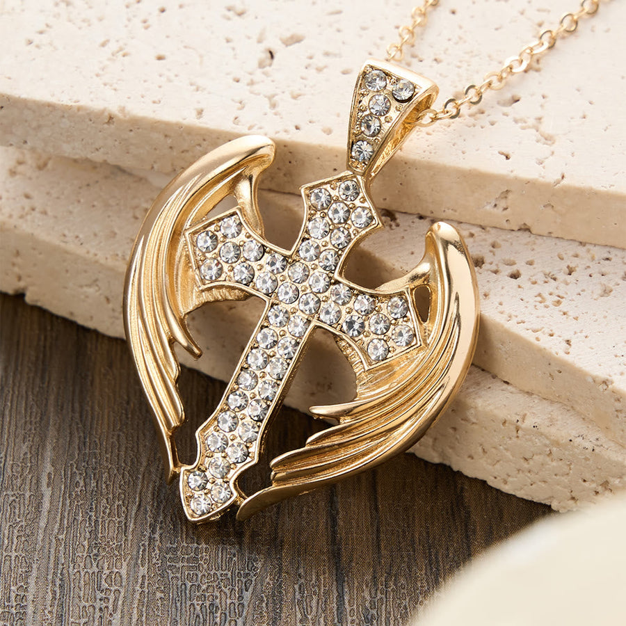 Gold-Tone Angel Wing Cross Pendant Necklace with Zircon Stones: A Symbol of Divine Protection