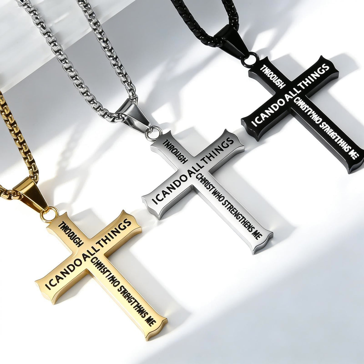 Stainless Steel Cross Pendant Necklace with Philippians 4:13 Quote: A Reminder of Divine Strengthening