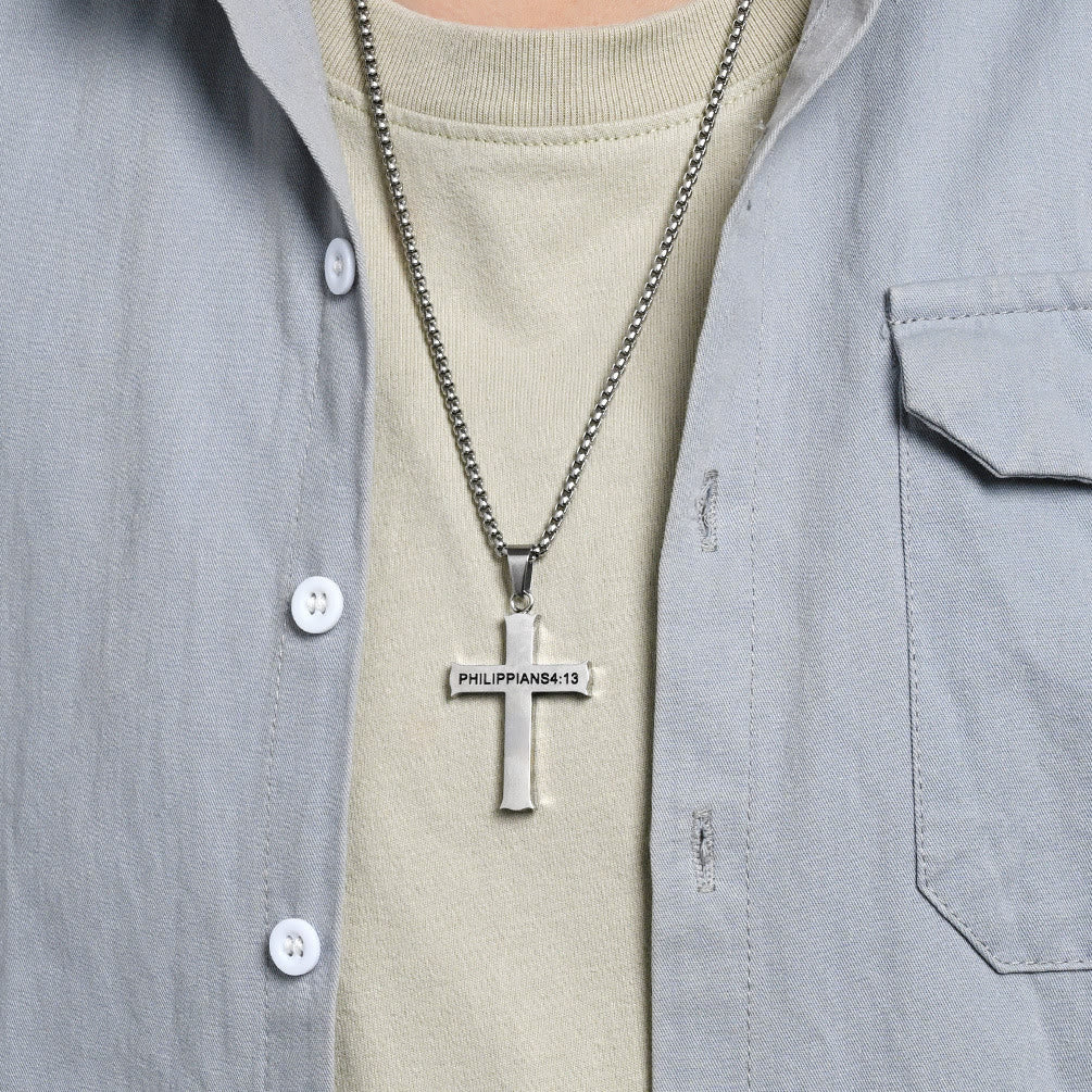 Stainless Steel Cross Pendant Necklace with Philippians 4:13 Quote: A Reminder of Divine Strengthening