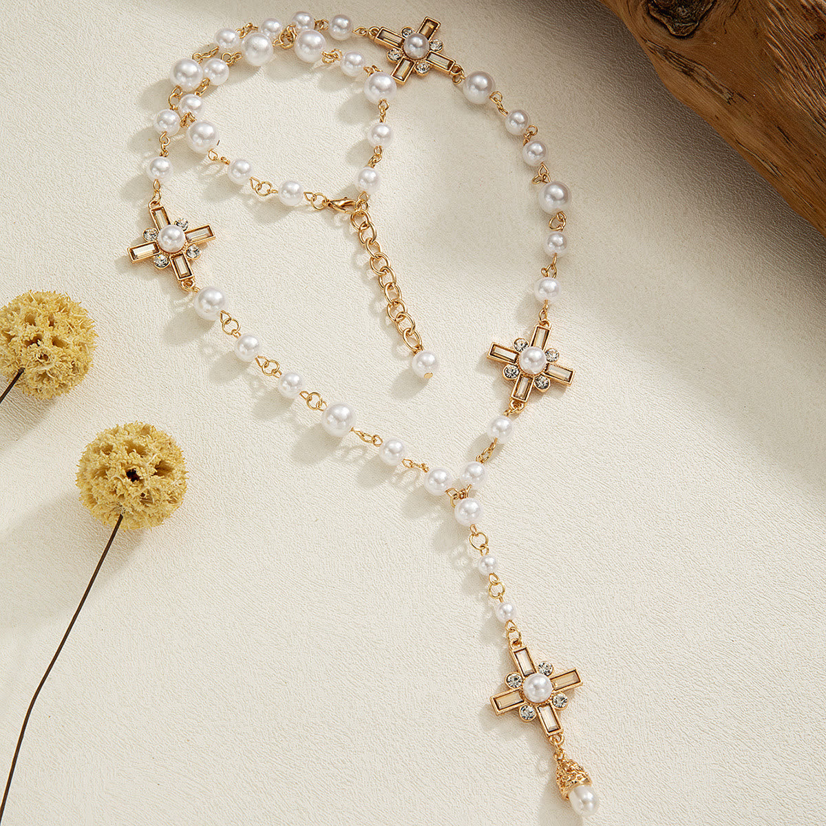 Elegant Cross Rosary Necklace with Gold-Tone Details & White Beads: A Reminder of Divine Grace