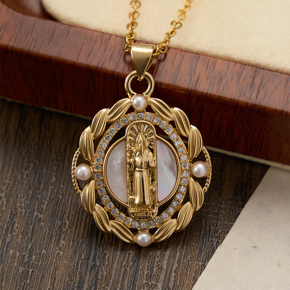 Elegant Virgin Mary Pendant Necklace with Sparkling Crystals & White Bead Accents