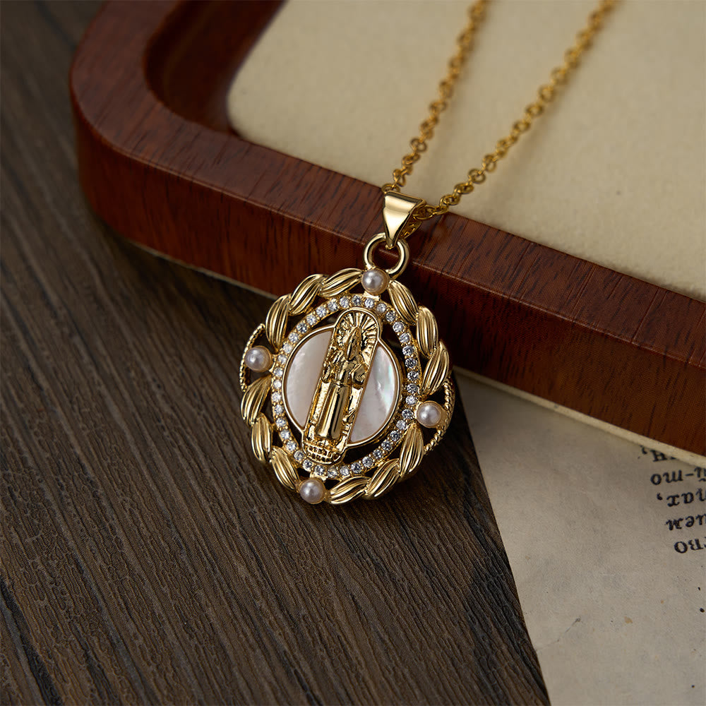 Elegant Virgin Mary Pendant Necklace with Sparkling Crystals & White Bead Accents