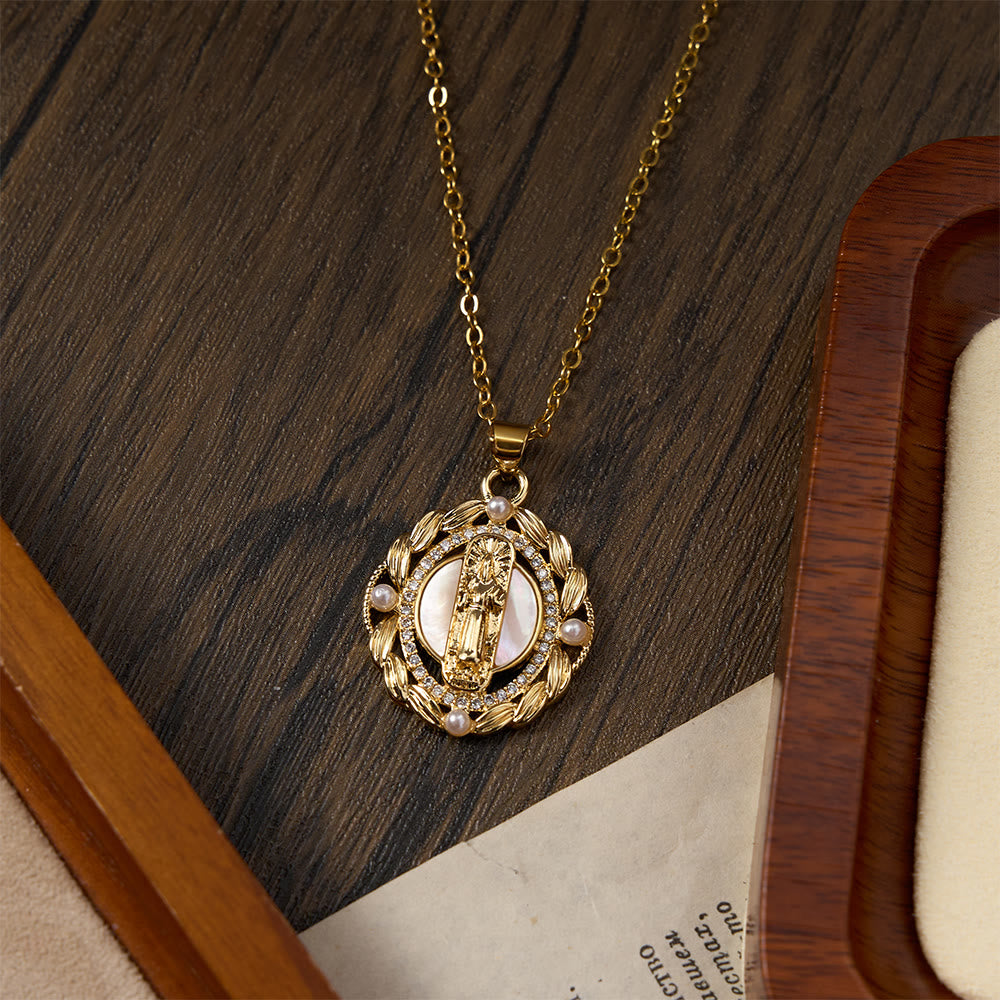 Elegant Virgin Mary Pendant Necklace with Sparkling Crystals & White Bead Accents