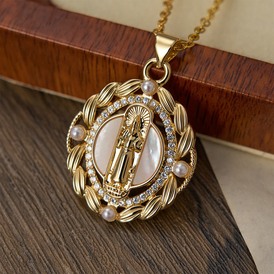 Elegant Virgin Mary Pendant Necklace with Sparkling Crystals & White Bead Accents