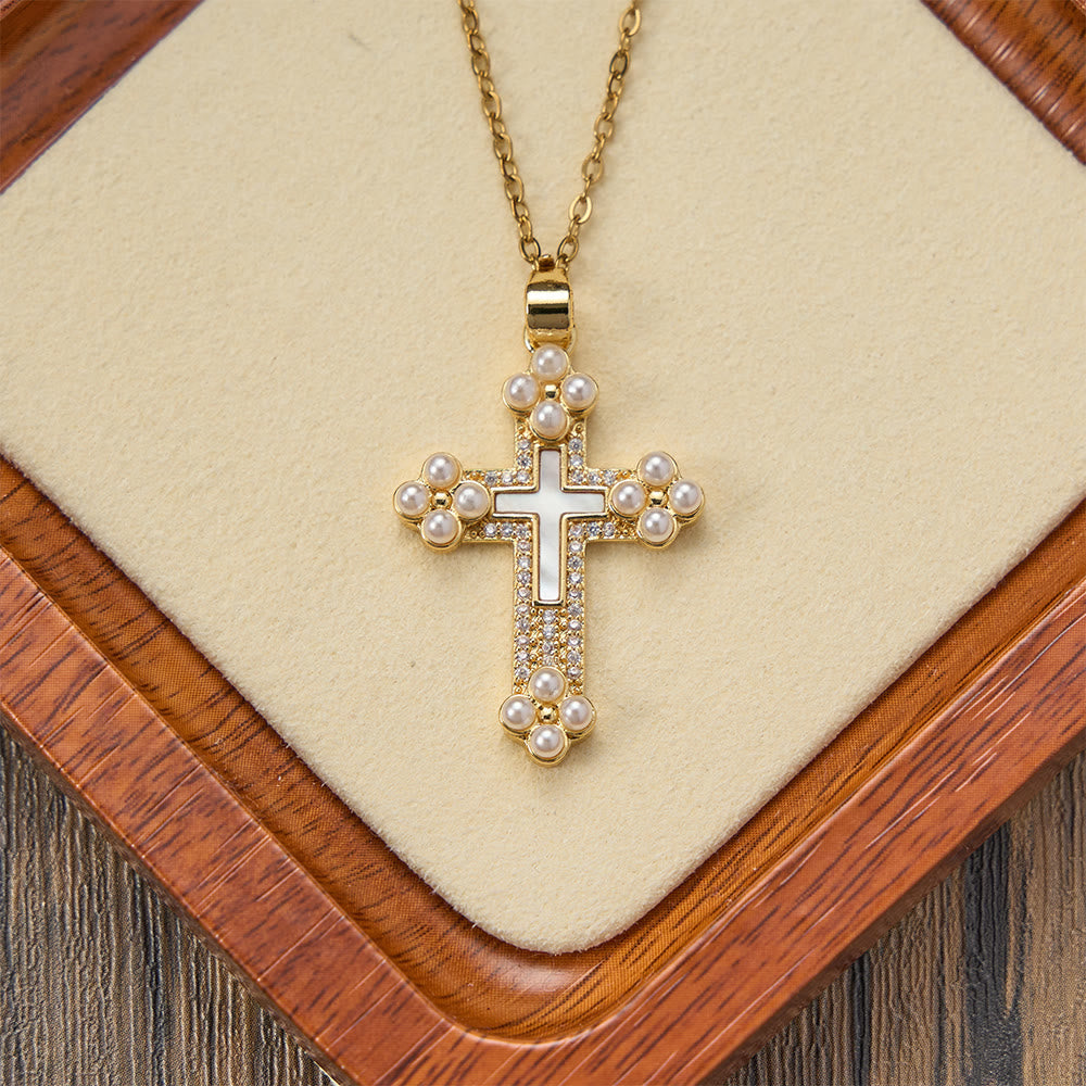 Refined Cross Pendant Necklace with Mother of Pearl, Zircon, and Pearl Accents