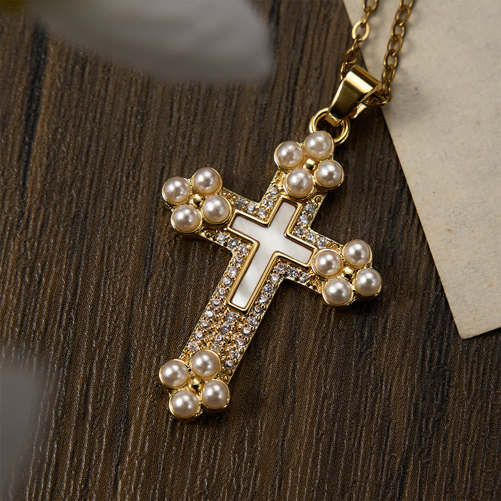 Refined Cross Pendant Necklace with Mother of Pearl, Zircon, and Pearl Accents