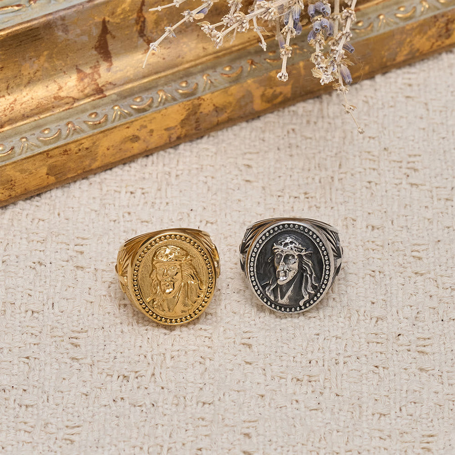 Two-Color Jesus Portrait Ring with Beaded Border and Cross Detail: A Reminder of Divine Sacrifice