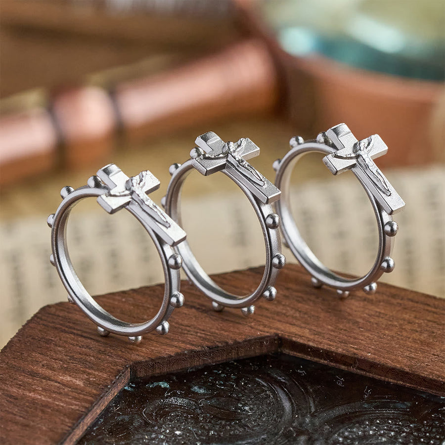 Classic Rosary Ring with Crucifix and Continuous Beaded Prayer Band: A Timeless Emblem of Devotion