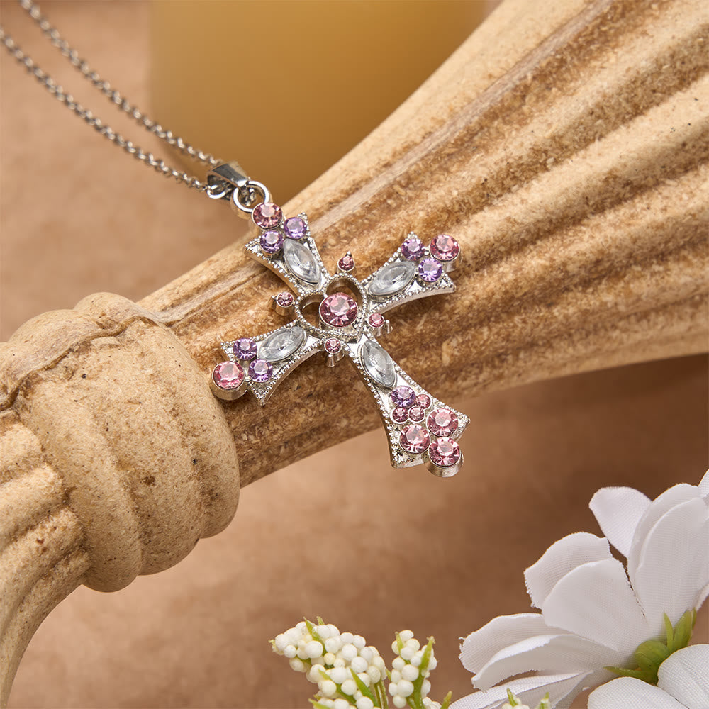 Pink & Purple Tone Zircon Cross Necklace with Heart Accent: A Dazzling Symbol of Love and Devotion