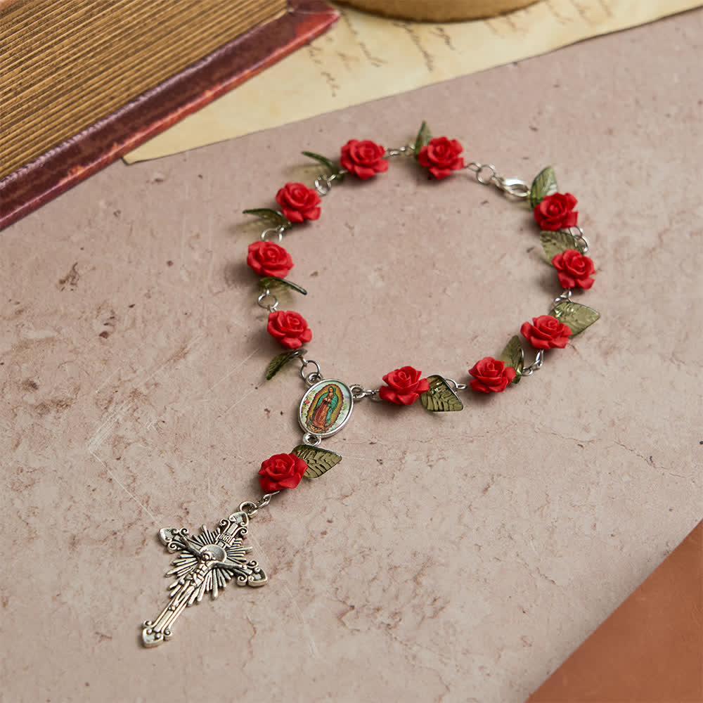 Sacred Red Rose Pocket Rosary with Our Lady's Floral Devotion