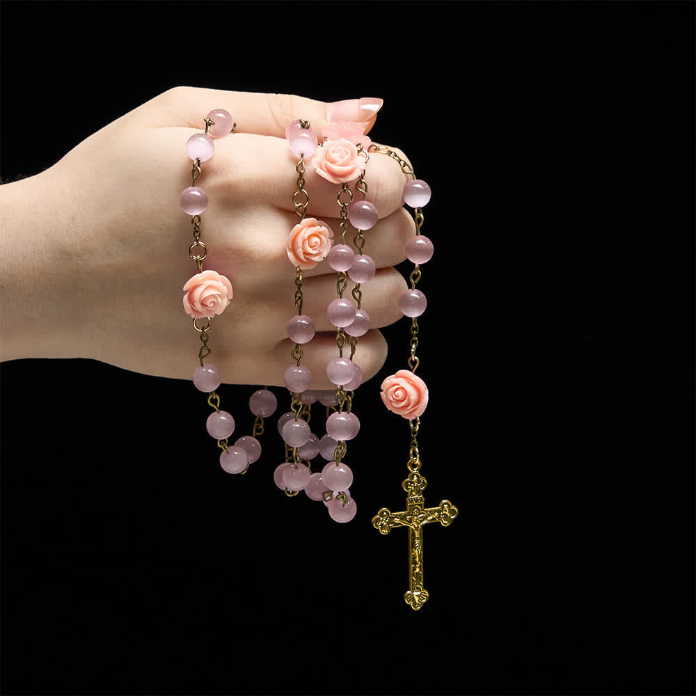 Luminous Pink Cat's Eye Rosary with Roses for Marian Devotion