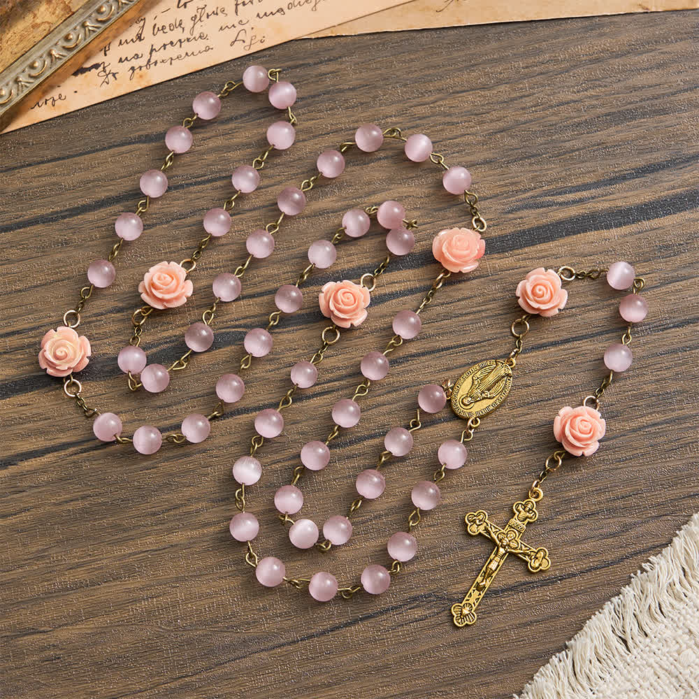 Luminous Pink Cat's Eye Rosary with Roses for Marian Devotion