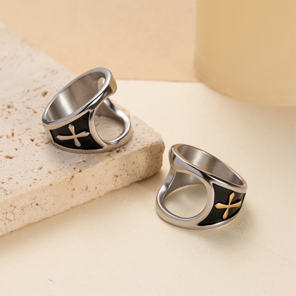 Classic Cross Bottle Opener Ring with Two-Tone Options and Open Band Design: A Timeless Emblem of Devotion