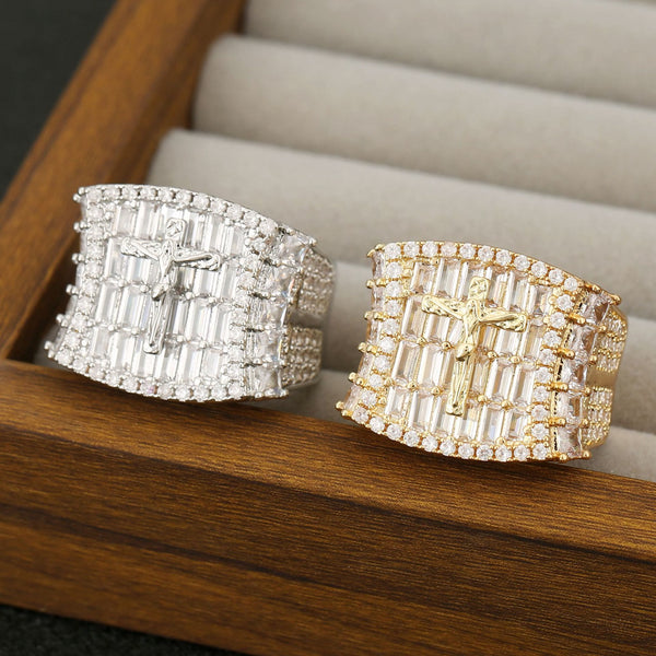 Luxury Full Zircon Crucifix Ring with Baguette and Round Cut Stones: A Reminder of Sacred Majesty