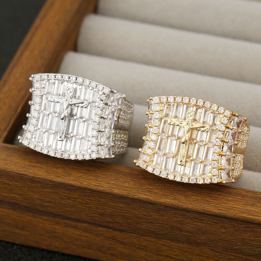 Luxury Full Zircon Crucifix Ring with Baguette and Round Cut Stones: A Reminder of Sacred Majesty