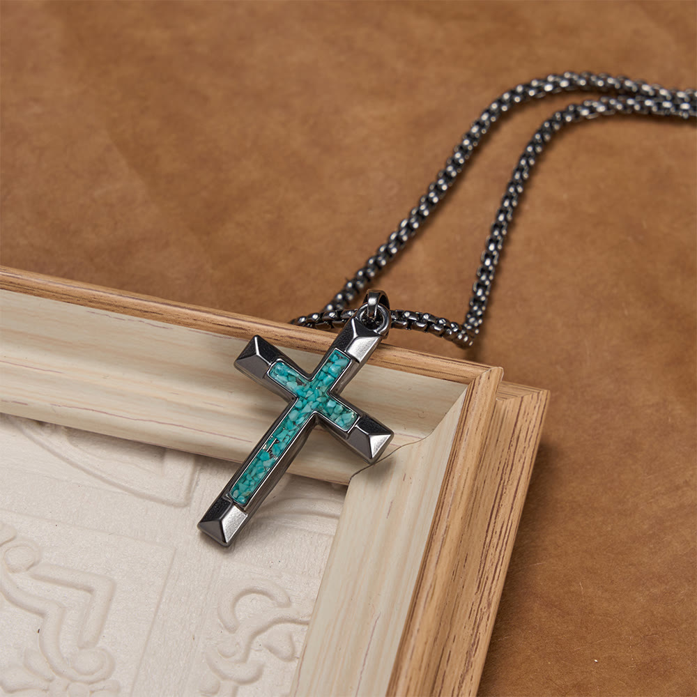 Polished Metal Cross Necklace with Turquoise Chip Inlay: A Reminder of Divine Grace