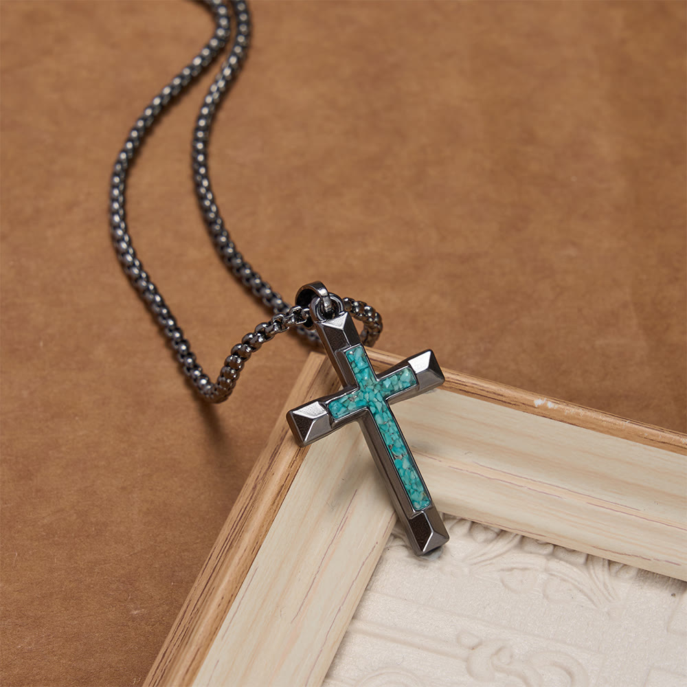 Polished Metal Cross Necklace with Turquoise Chip Inlay: A Reminder of Divine Grace