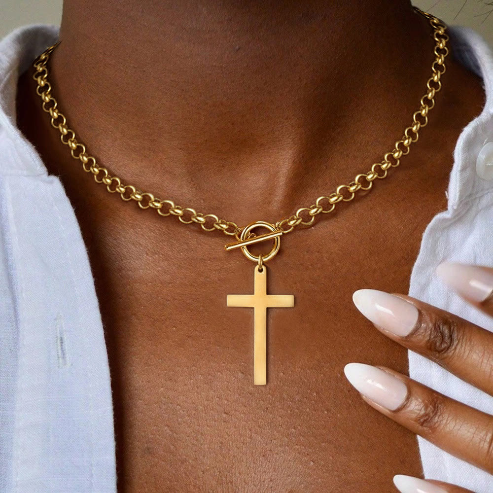 Sleek Cross Necklace with Toggle Clasp and Rolo Chain: A Reminder of Divine Grace