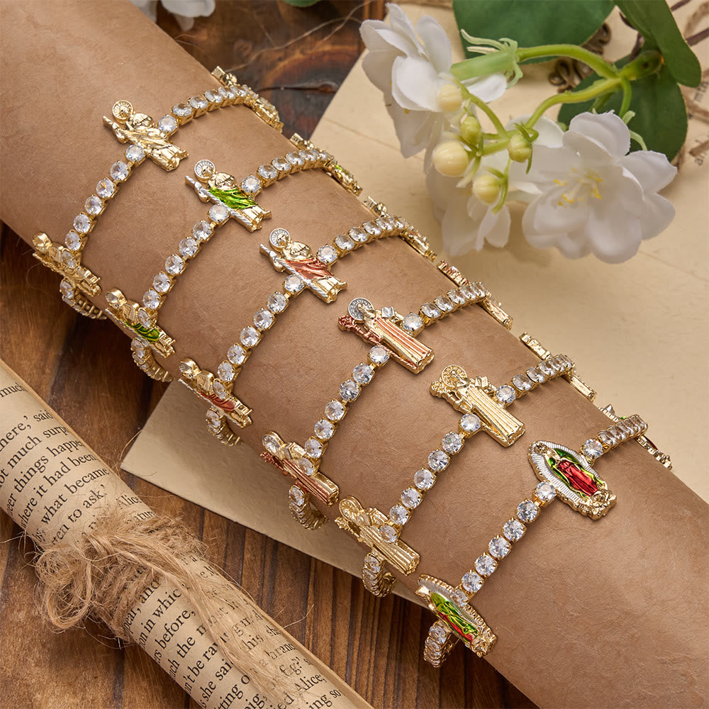 Sparkling Zircon Tennis Bracelet with St. Jude, St. Benedict, and Our Lady Motifs: A Reminder of Heavenly Grace