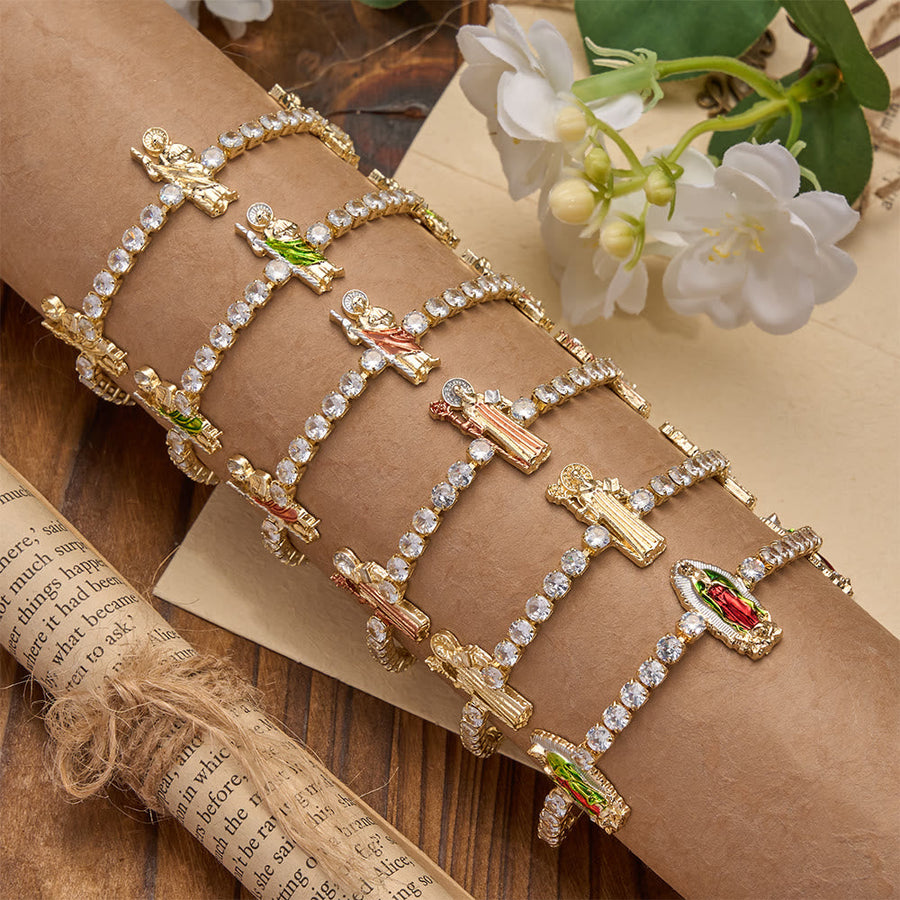 Sparkling Zircon Tennis Bracelet with St. Jude, St. Benedict, and Our Lady Motifs: A Reminder of Heavenly Grace