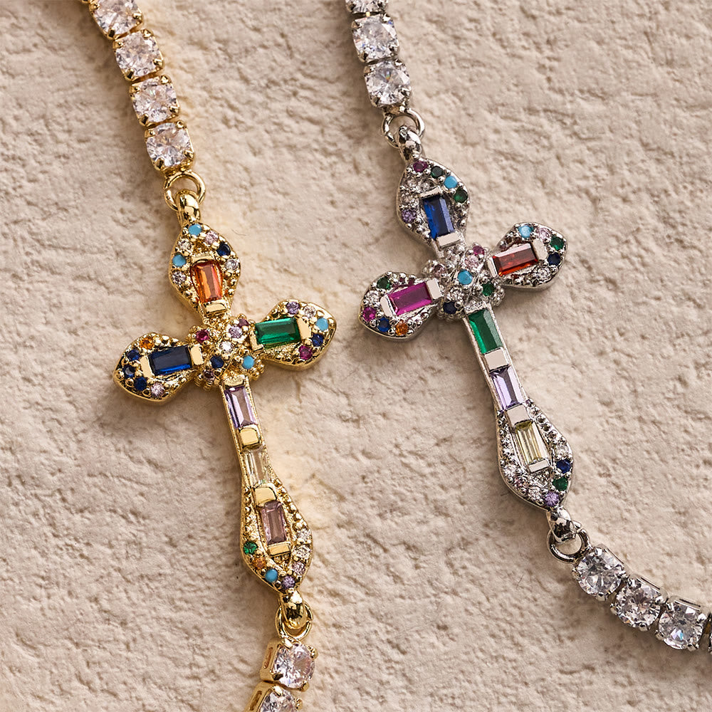 Adjustable Tennis Bracelet with Colorful Zircon Cross Charm: A Symbol of Vibrant Faith