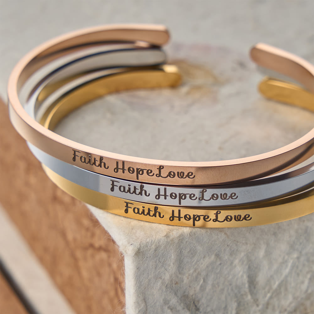Faith Hope Love Engraved Adjustable Cuff Bangle: A Symbol of Divine Virtues