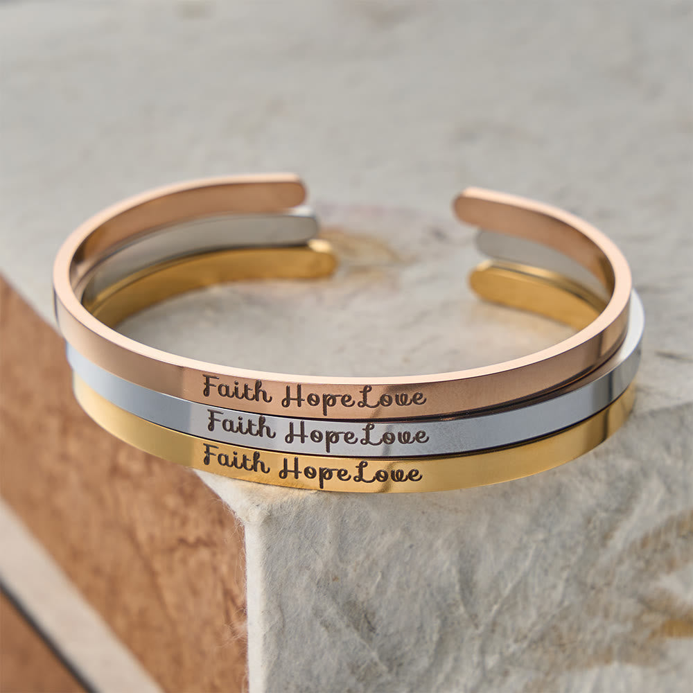 Faith Hope Love Engraved Adjustable Cuff Bangle: A Symbol of Divine Virtues