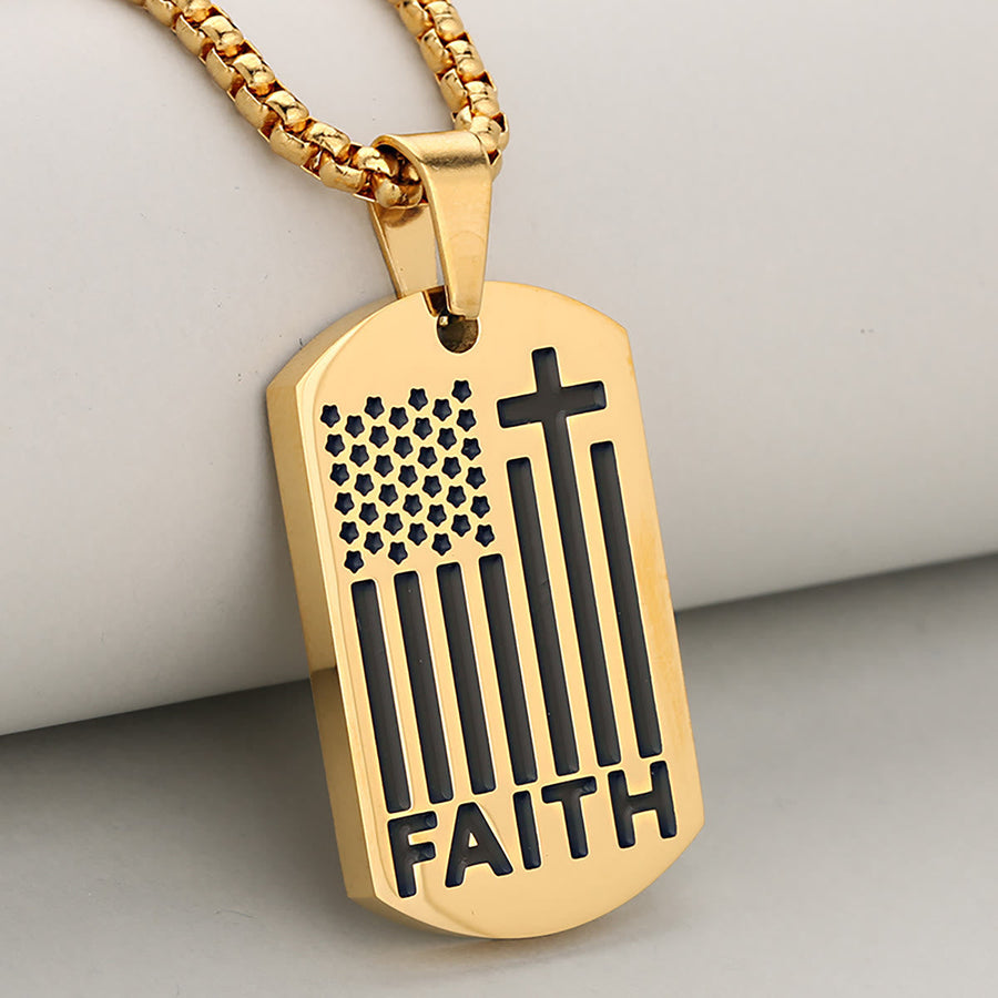 Patriotic Faith Cross Dog Tag Pendant with Box Chain: A Reminder of Divine and National Grace