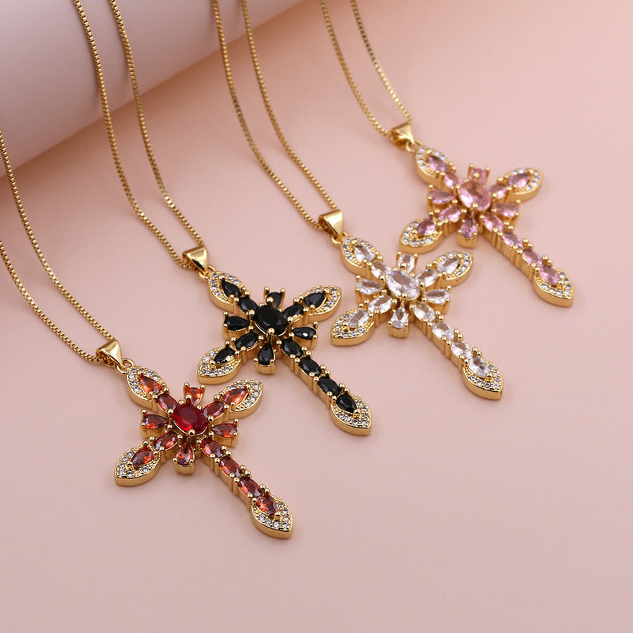 Multicolored Zircon Cross Pendant Necklace with Marquise-Cut Stones: A Symbol of Vibrant Faith