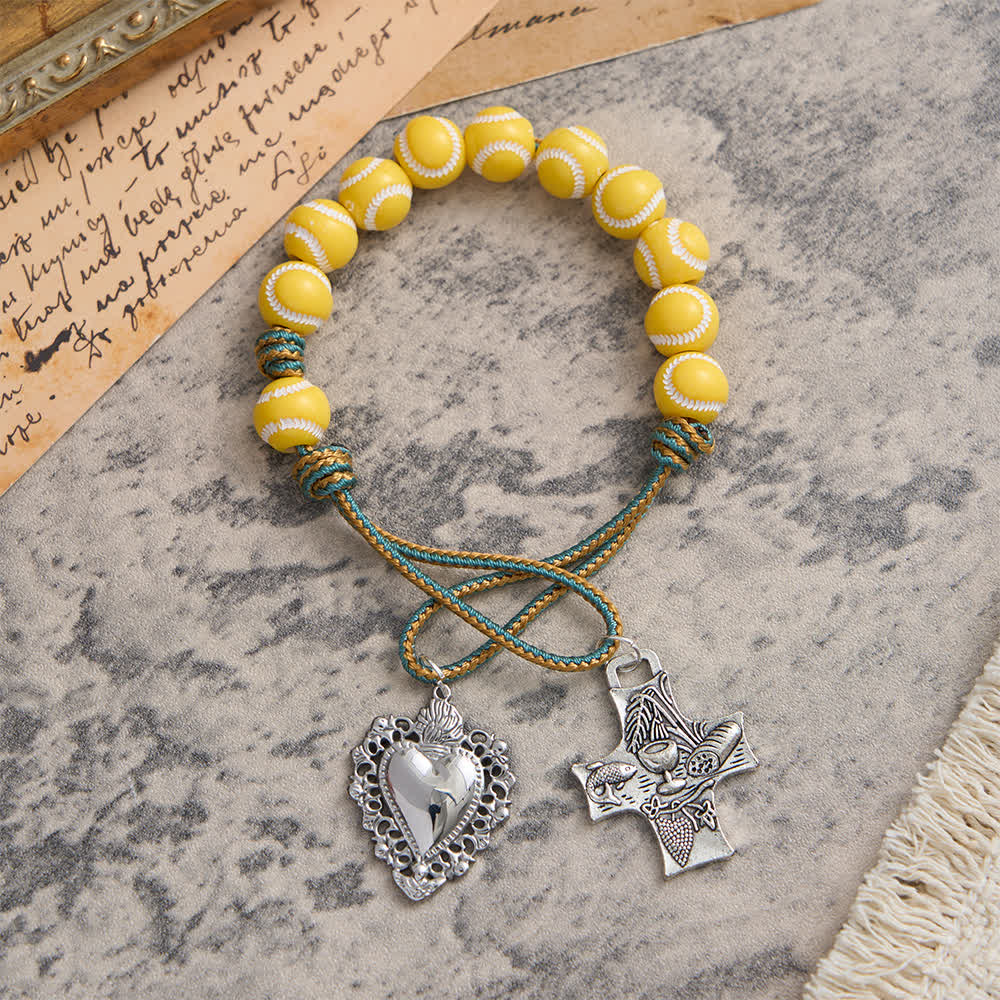 Baseball Bead Pocket Rosary with Sacred Heart & Eucharist Cross