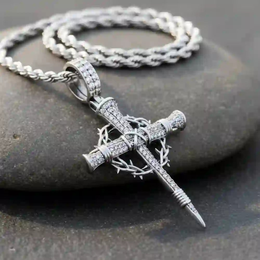 Pave Zircon Nail Cross Necklace with Crown of Thorns: A Reminder of Divine Love