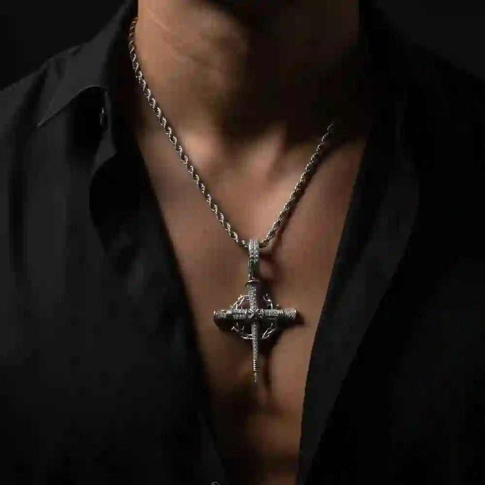 Pave Zircon Nail Cross Necklace with Crown of Thorns: A Reminder of Divine Love
