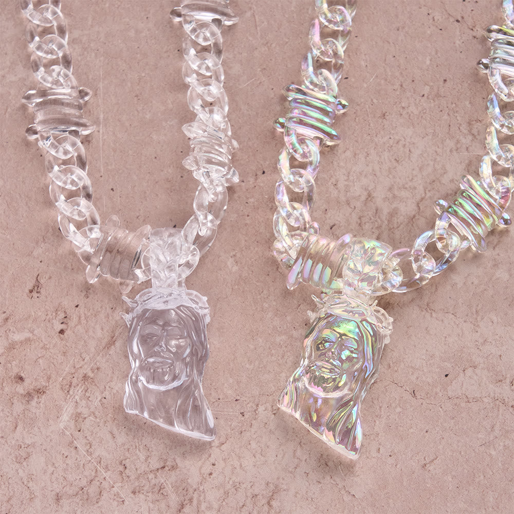 Bold Iridescent Acrylic Jesus Necklace with Chunky Spiked Chain: A Daily Symbol of Strength and Hope