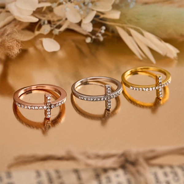 Delicate Sideways Cross Zircon Ring with All-Over Stone Setting: A Reminder of Understated Divine Grace