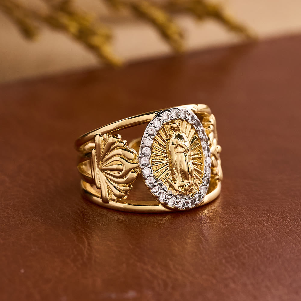 Intricate Guadalupe Virgin Ring with Zircon Halo: A Reminder of Heavenly Grace
