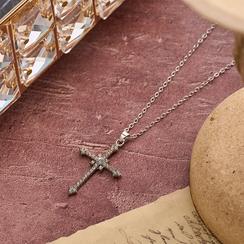 Refined Zircon-Encrusted Cross Pendant Necklace with Central Stone: An Emblem of Quiet Devotion