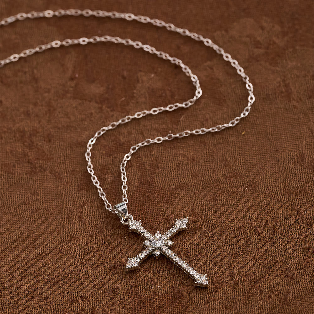 Refined Zircon-Encrusted Cross Pendant Necklace with Central Stone: An Emblem of Quiet Devotion