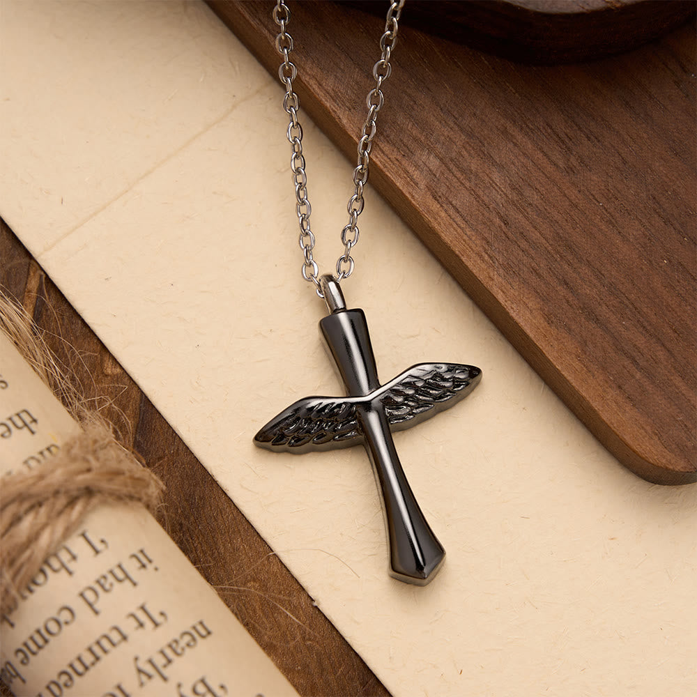 Textured Angel Wing Cross Pendant Necklace in Three Finishes: A Symbol of Divine Guardian Love
