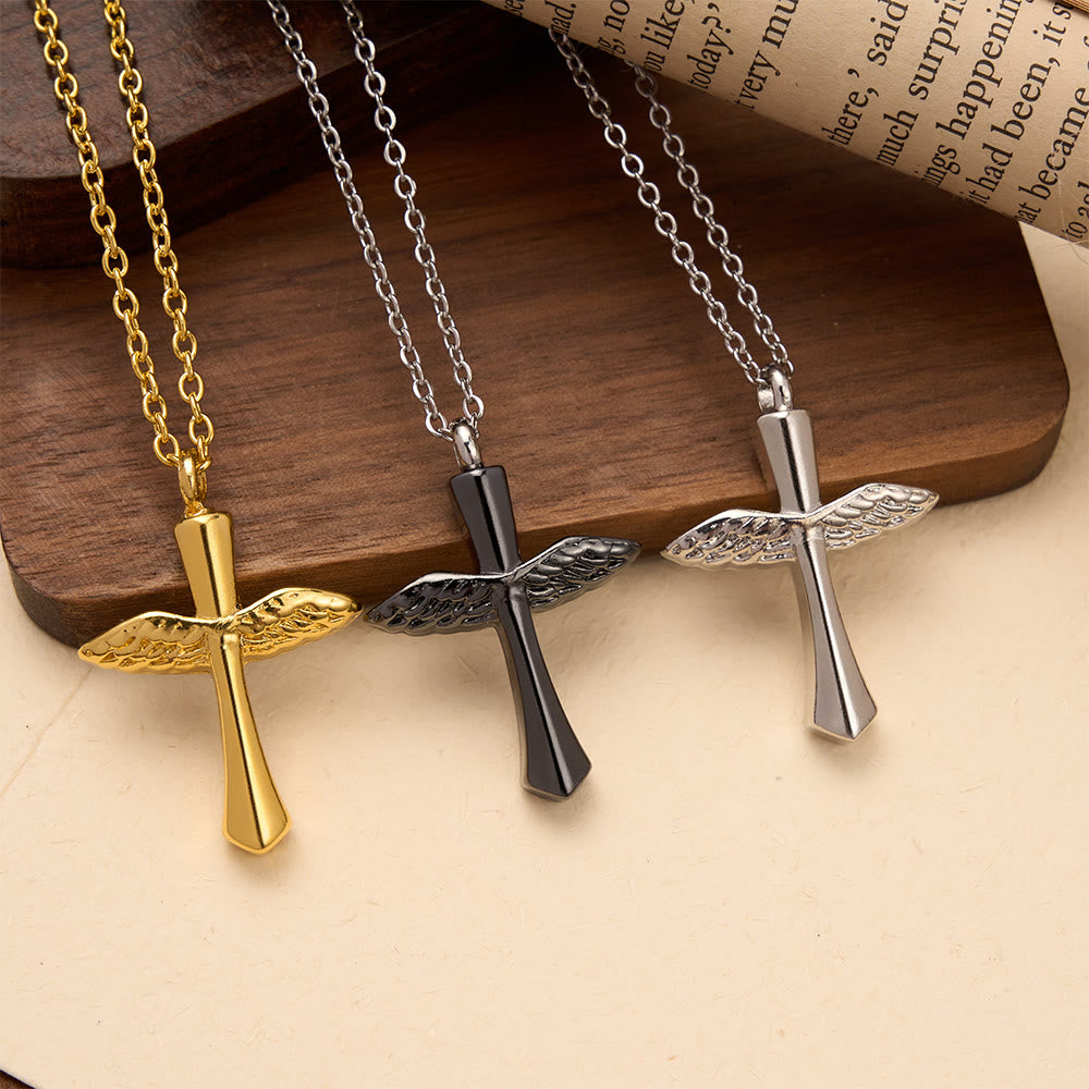 Textured Angel Wing Cross Pendant Necklace in Three Finishes: A Symbol of Divine Guardian Love